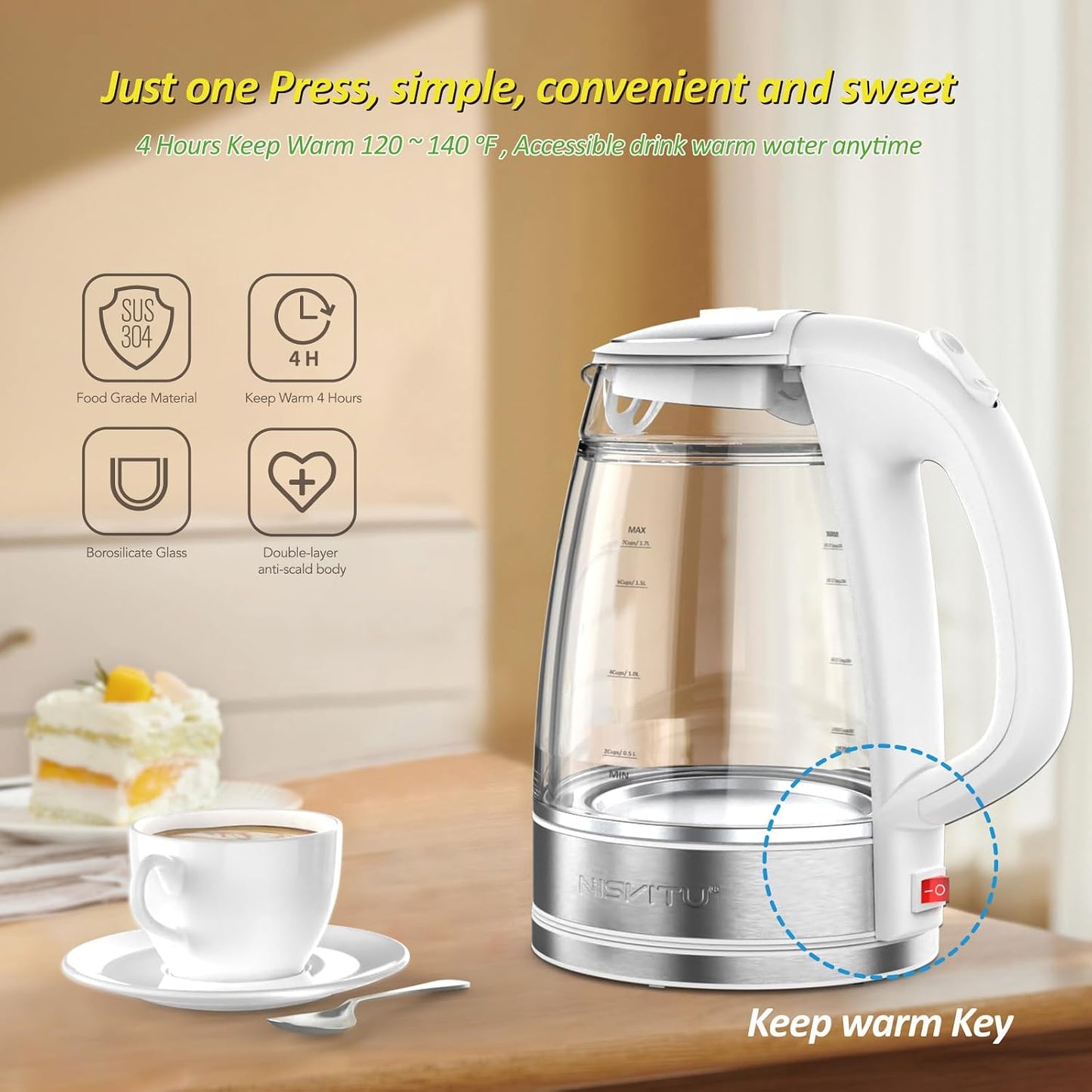 NISVITU 1.7L Dual Wall Cool Touch BPA-Free Electric Kettle, White | Glass Inner+PC Outer, 1500W Fast Boil Cordless Hot Water Boiler Electric Tea Kettle, Auto Shut-Off+Keep Warm