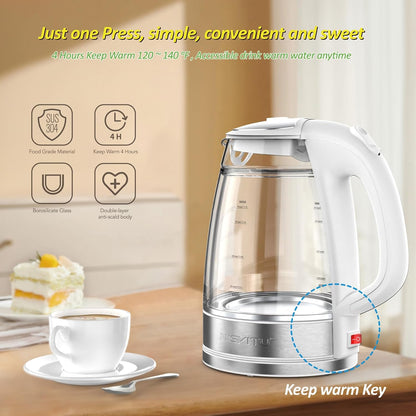 NISVITU 1.7L Dual Wall Cool Touch BPA-Free Electric Kettle, White | Glass Inner+PC Outer, 1500W Fast Boil Cordless Hot Water Boiler Electric Tea Kettle, Auto Shut-Off+Keep Warm