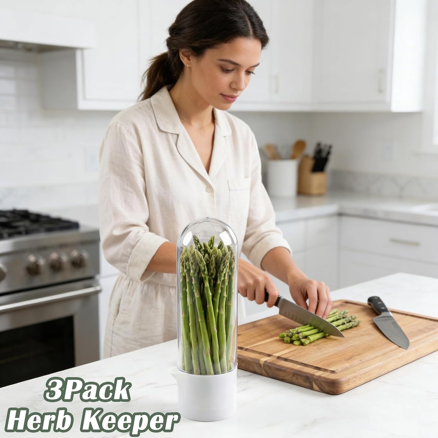 Ideal Swan Herb Keeper, 3 Pack Herb Saver Refrigerator for Cilantro & Herbs | Keeps herbs fresh 2-3 weeks. 3 pack stores cilantro, parsley, asparagus, lettuce. Easy-clean, stackable, fits fridge shelves.