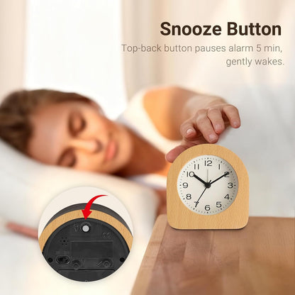 Vintage Solid Wood Analog Alarm Clock, Battery-Operated Alarm Clocks with Non-Disruptive Night Light, Non-Ticking Alarm Clock with Snooze Button and Soft Alarm Tone. (Dark Brown)