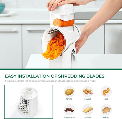 SUSTEAS Rotary Cheese Grater 5 Blades,Kitchen Mandoline Vegetable Slicer | White, Easy to Clean, Strong Suction Base, 5 Blades Storage Box, Round Mandoline Slicer & Food Chopper for Salad