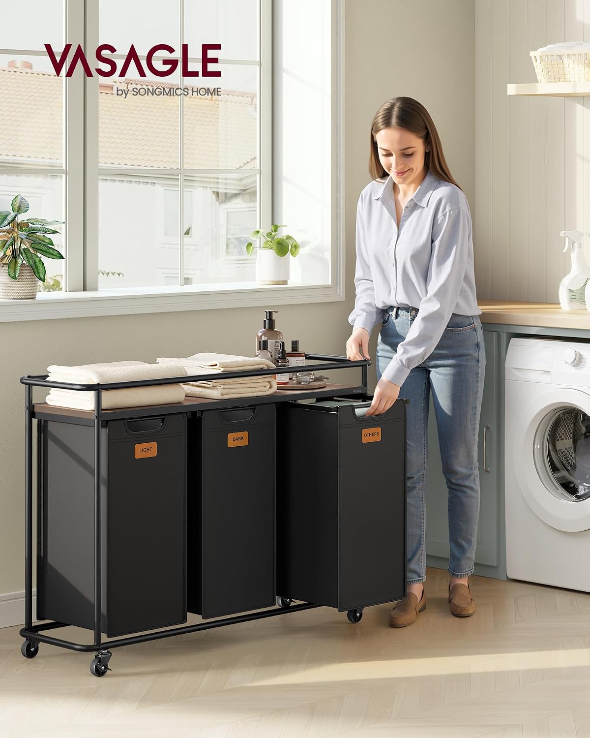 VASAGLE Laundry Sorter with Wheels, 39.6 Gal., 4 Removable Liners | Portable Laundry Cart with Shelf, 150 L, 6 Labels, Ink Black and Chestnut Brown, STEVIE Collection URLS100BH01S