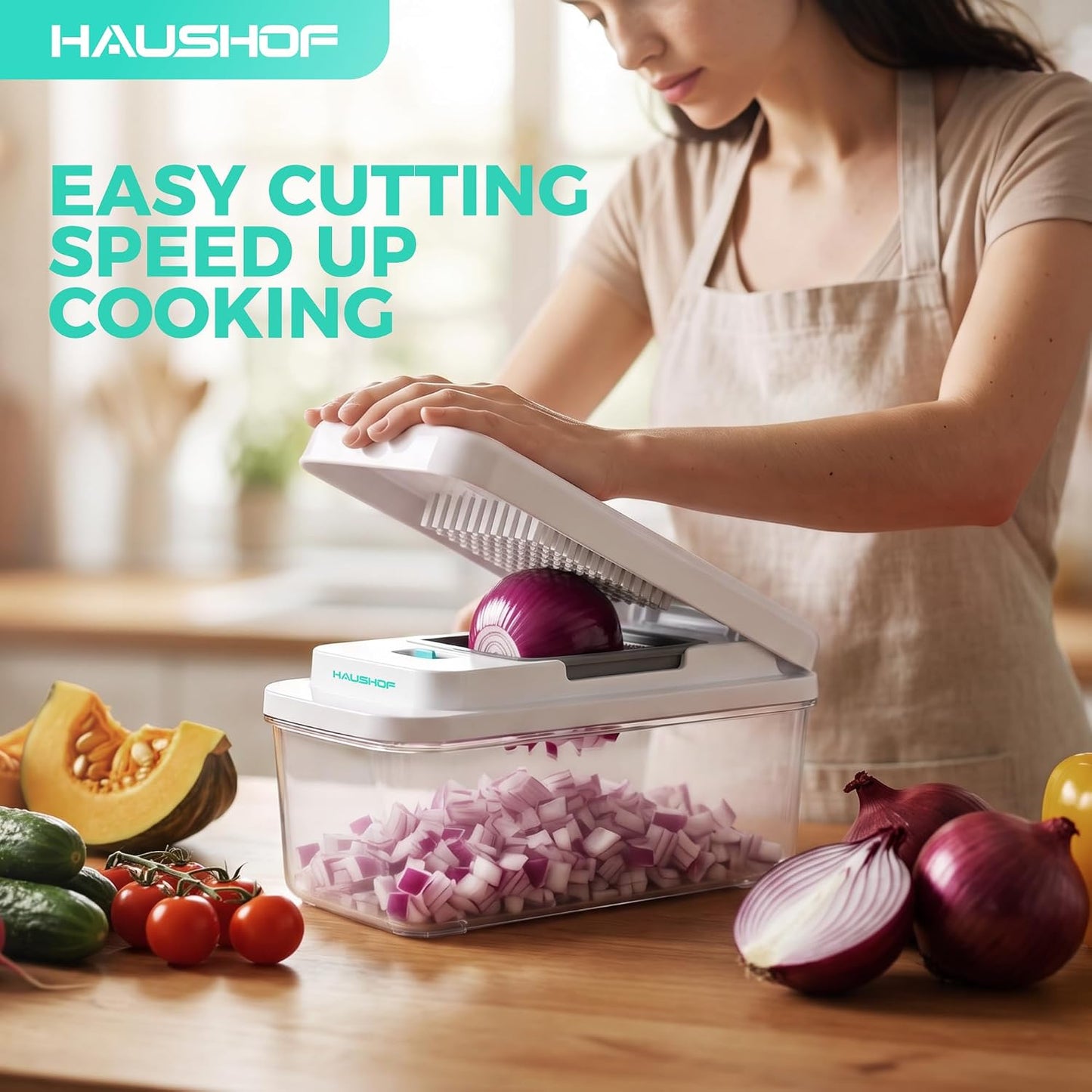 HAUSHOF 9-in-1 Vegetable Chopper & Mandoline Slicer, 7 Blades, Drain Basket | Food and Veggie Chopper and Dicer, Grater, Kitchen Prep Tool with Container, Safety Holder, Interchangeable Blades