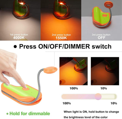 BIGMONAT Rechargeable Reading Light for Kids,Small Amber Book Reading Lights,Multi Colors Portable LED Reading Lamp with 360° Rotary Light Neck,Wireless Clip Reading Lighting for Books (Green)