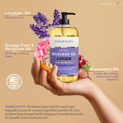 Cosmetasa Massage Oil for Sore Muscle Massage Therapy with Roller - All Natural, Cruelty-Free Massage Oils for Muscle Relaxing & Joint Comfort - Arnica Extract with Lavender & Chamomile Oil (8.8 oz)