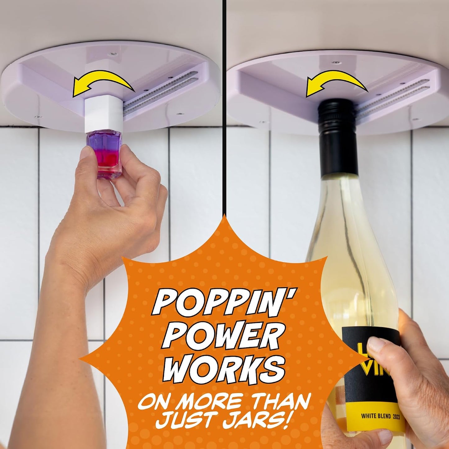 Houseify Popdatjar Under Cabinet Jar Opener, Stainless Steel | V-grip design, strong teeth, doubles for bottles & vacuum-sealed lids, adhesive or screw mount, white