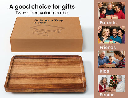 2 Packs Acacia Wood Couch Arm Tray，Folding Sofa Armrest Table | Clip-On Couch Desk,Foldable, Non-slip,No Assembly，for Drinks Snacks Phone，Remote Control