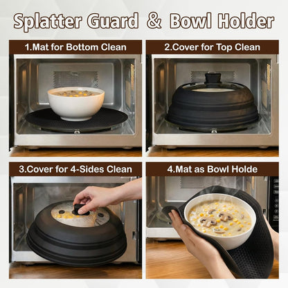 10.8 Inch Microwave Splatter Cover & Silicone Mat | Lid with Collapsible Silicone, Fits 6-10 inch Pot Plate Bowl, Dishwasher Safe, Heat Resistant, BPA-Free, Kitchen, Black