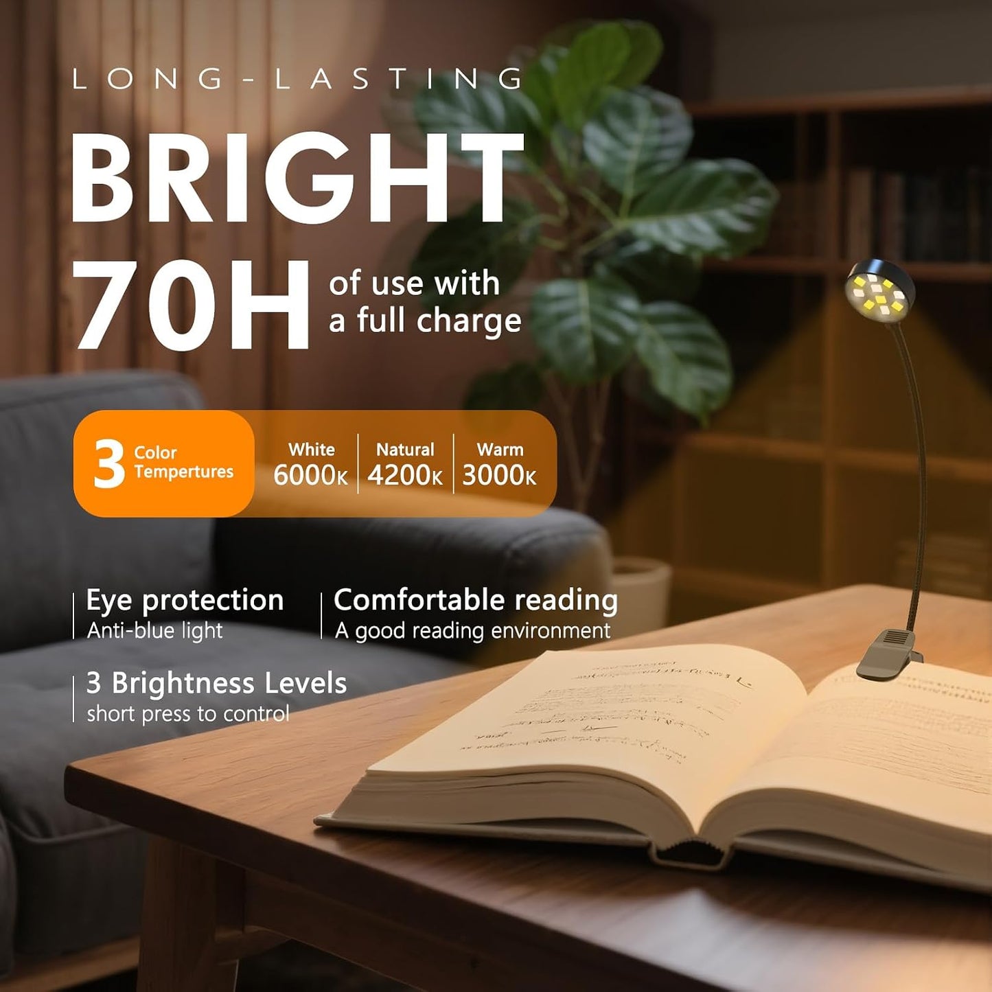 KTEBO 2 Pack Rechargeable Book Light Clip-On Reading Light for Books in Bed | 9 eye-friendly modes from 3 color temperatures and 3 brightness, USB-C up to 30 hrs - Black & Black