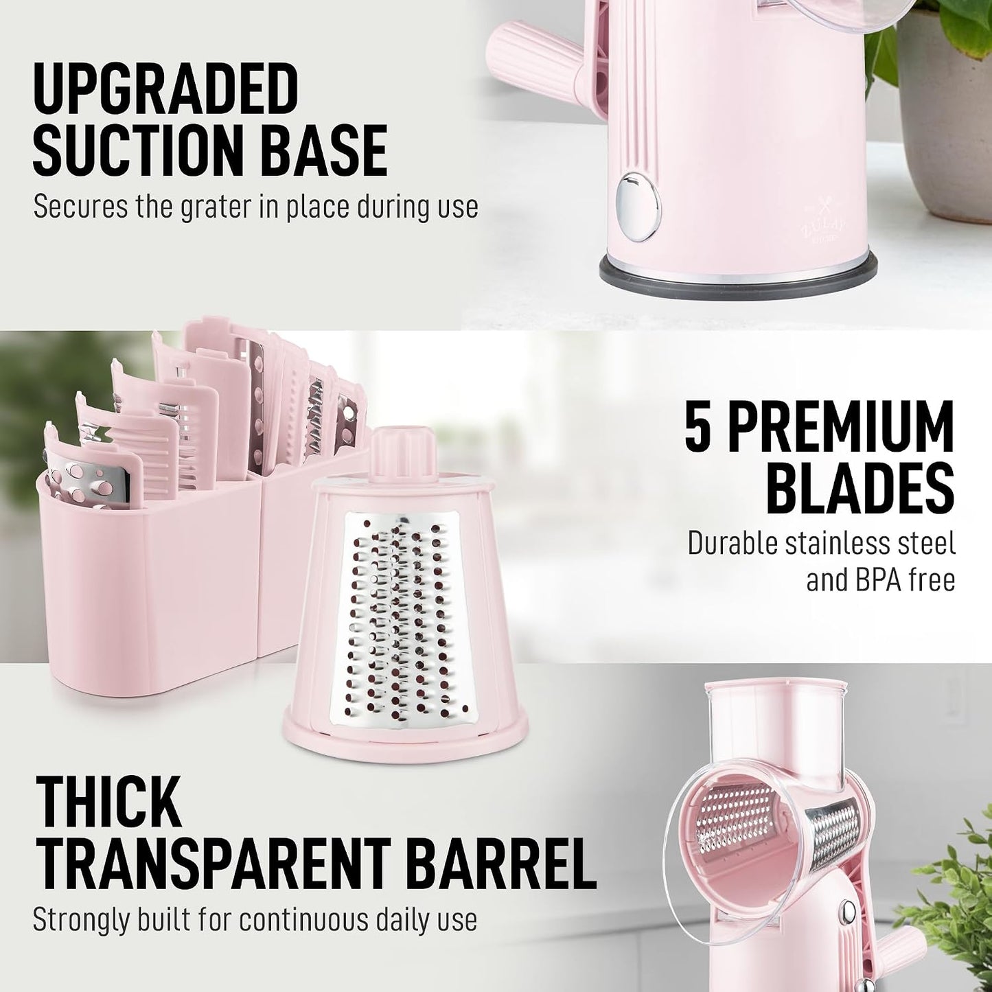 Zulay Kitchen Rotary Cheese Grater 5 Blade Cheese Shredder - Manual Hand Crank Cheese Grater With Reinforced Suction & 5 Interchangeable Drums - Easy to Use, Vegetable Chopper Round Mandoline Slicer - Colors A