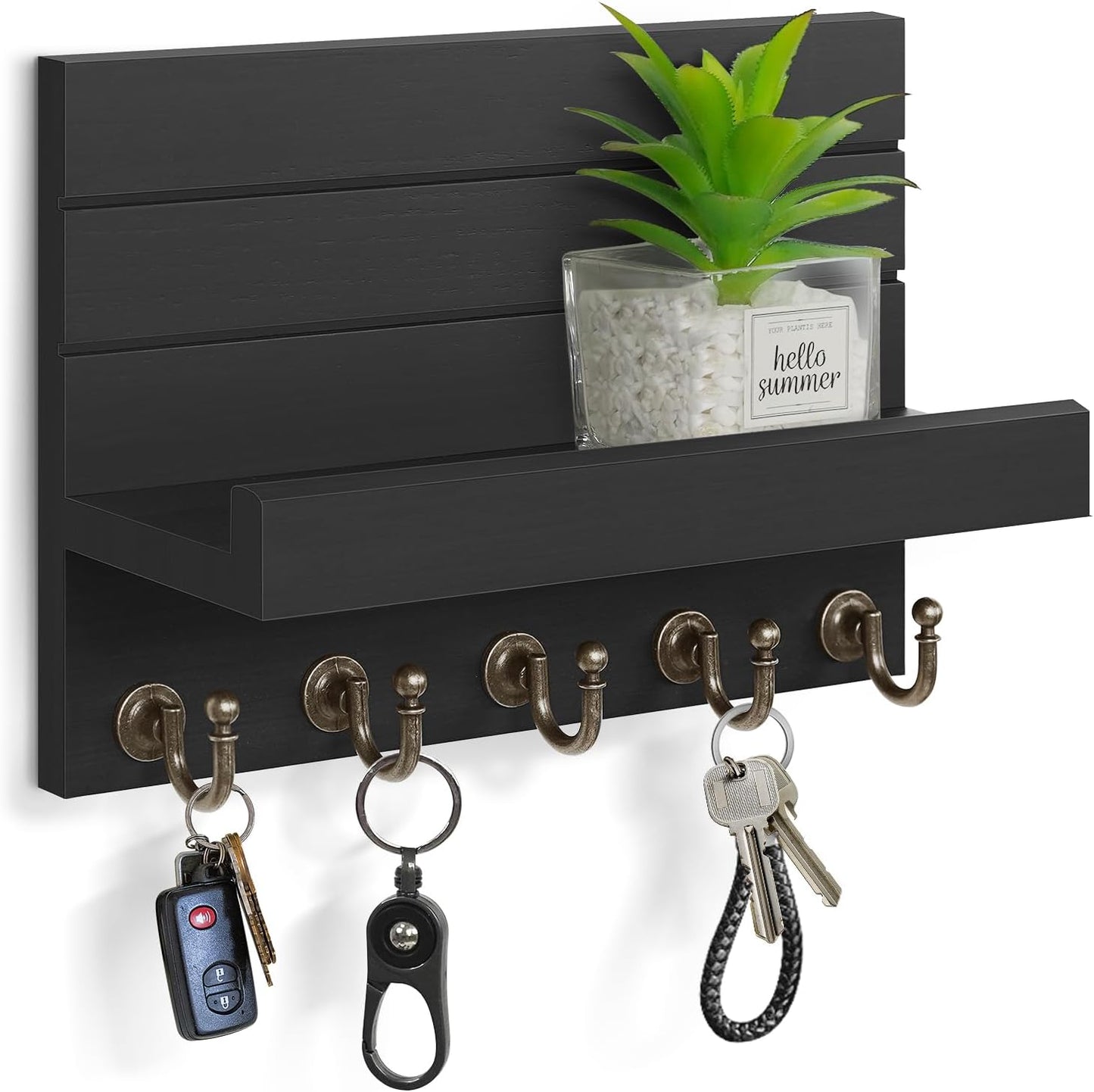 HONJIN Key Holder Wall Mount with Shelf and 5 Sturdy Key Hooks (White) | Key and Mail Holder Wall Mount, Wooden Entryway Organizer and Decorative, Easy Installation, 10*3.8*6.85 Inch