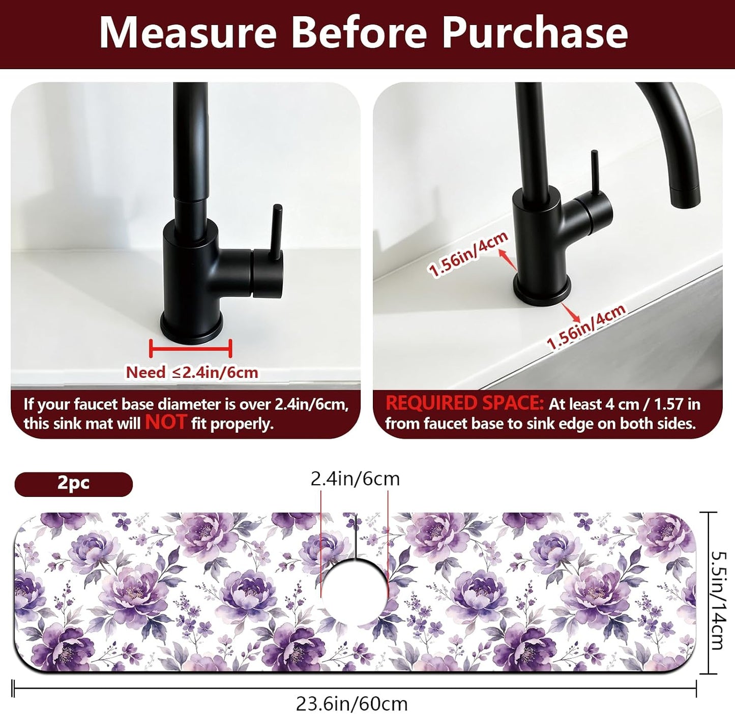 2 Pcs Kitchen Sink Splash Guard Faucet Mat Wood Grain Pattern Faucet Mat for Sinks Natural Wood Color Absorbing Drying Mats for Kitchen Bathroom, 23.6x5.5inch
