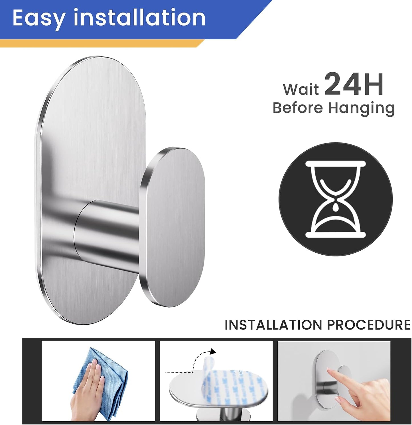 Aikzik Adhesive Towel Hooks - 4 Pack 26LB Extra Strong Heavy Duty Wall Hooks for Bathroom/Shower Door Hanging Coat, Robe, Towel, Dogs' Leads and Collars (Matte Black, Stainless Steel)