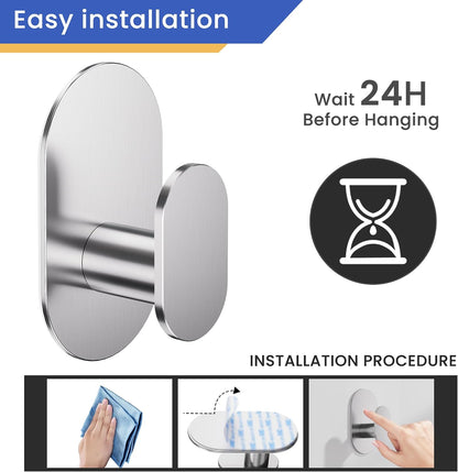 Aikzik Adhesive Towel Hooks - 4 Pack 26LB Extra Strong Heavy Duty Wall Hooks for Bathroom/Shower Door Hanging Coat, Robe, Towel, Dogs' Leads and Collars (Matte Black, Stainless Steel)
