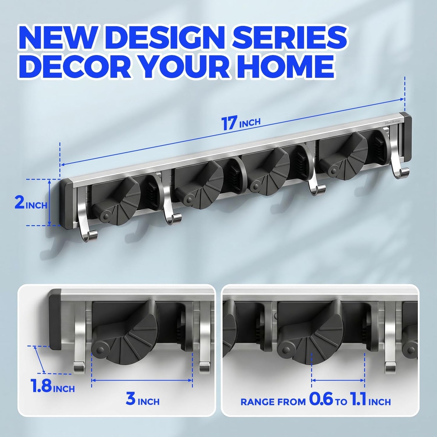 Holikme Mop Broom Holder Wall Mount Metal Pantry Organization and Storage Garden Kitchen Tool Organizer Wall Hanger for Home Goods (4 Positions with 4 Hooks, Silver)