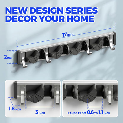 Holikme Mop Broom Holder Wall Mount Metal Pantry Organization and Storage Garden Kitchen Tool Organizer Wall Hanger for Home Goods (4 Positions with 4 Hooks, Silver)