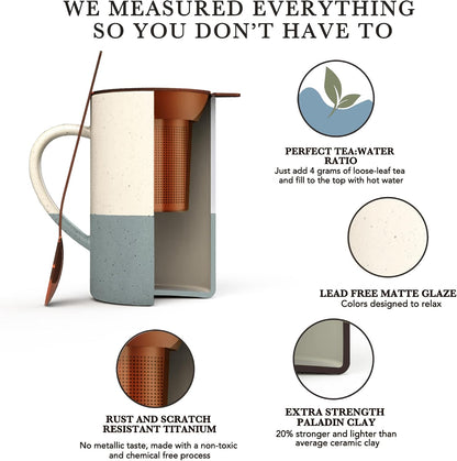 Mora Ceramics Tea Cup with Loose Leaf Infuser, Spoon and Lid, 12 oz, Microwave and Dishwasher Safe Coffee Mug - Rustic Matte Ceramic Glaze, Modern Herbal Tea Strainer - Great Gift for Women, Garnet