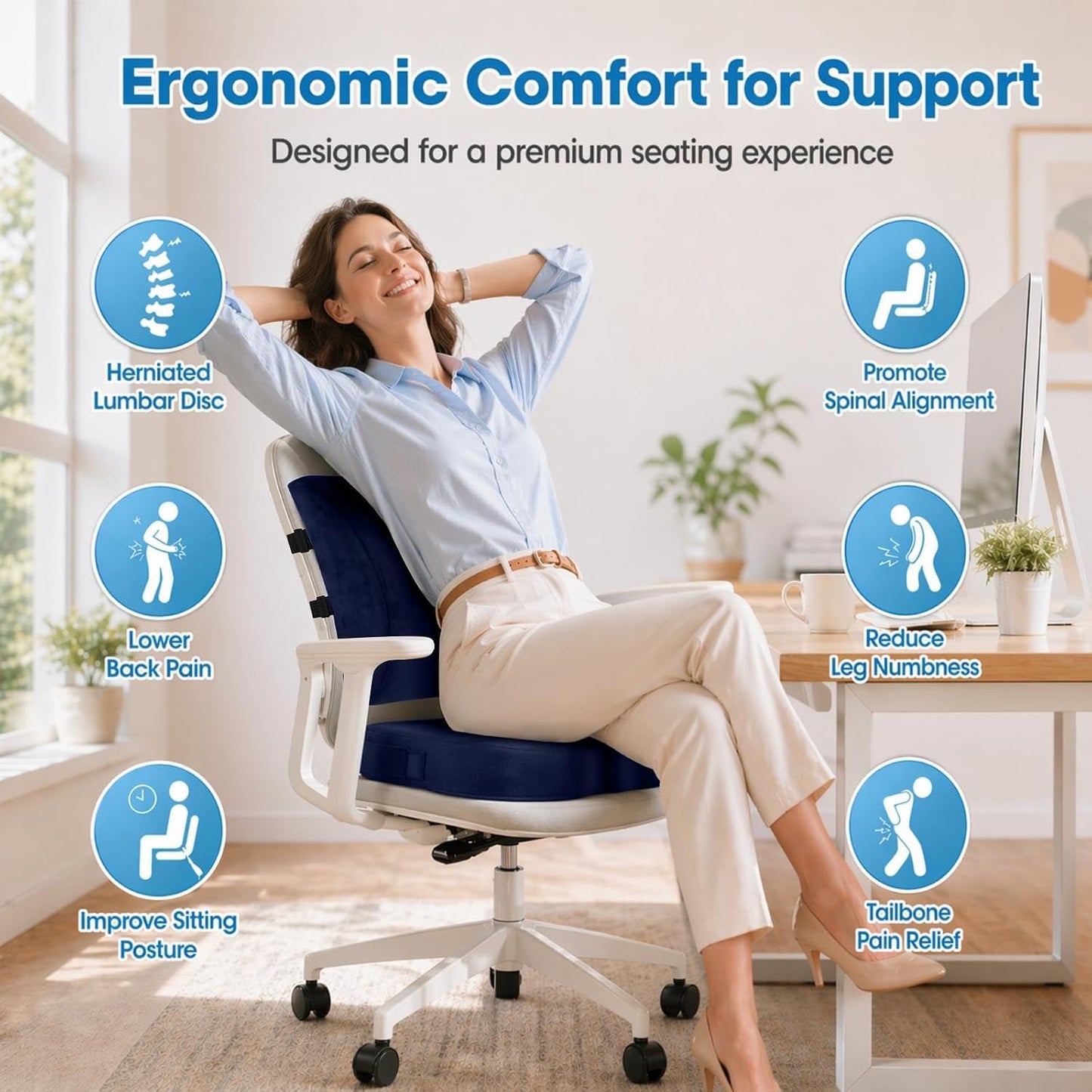 CloudBliss Lumbar Support Pillow & Seat Cushion Set for Office Chair, Desk Chair, Wheelchair & Car – Memory Foam Back Support, Ergonomic Chair Cushions, Sciatica Pain Relief, Home Essentials, Black