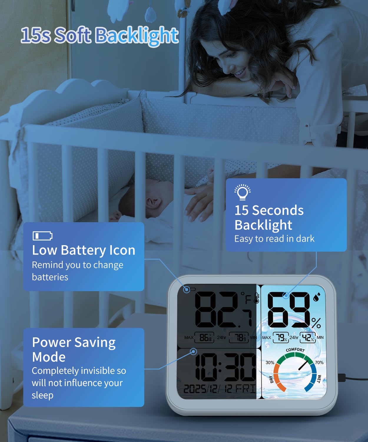 5.8'' Digital Indoor Thermometer Hygrometer, Temp Humidity Monitor & Clock | USB-C & Battery Powered, Large Backlit Display, Calibratable Readings, Max & Min Records, Comfort Level, Date & Time Display