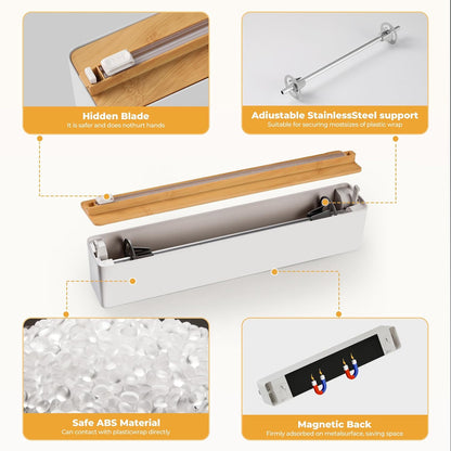 Magnetic Plastic Wrap Dispenser with Cutter - Practical Refillable Aluminum Tin Foil and Plastic Wrap Organizer for Drawer, Including an Extra Roll of 12"X 164' Food Cling Film - Black