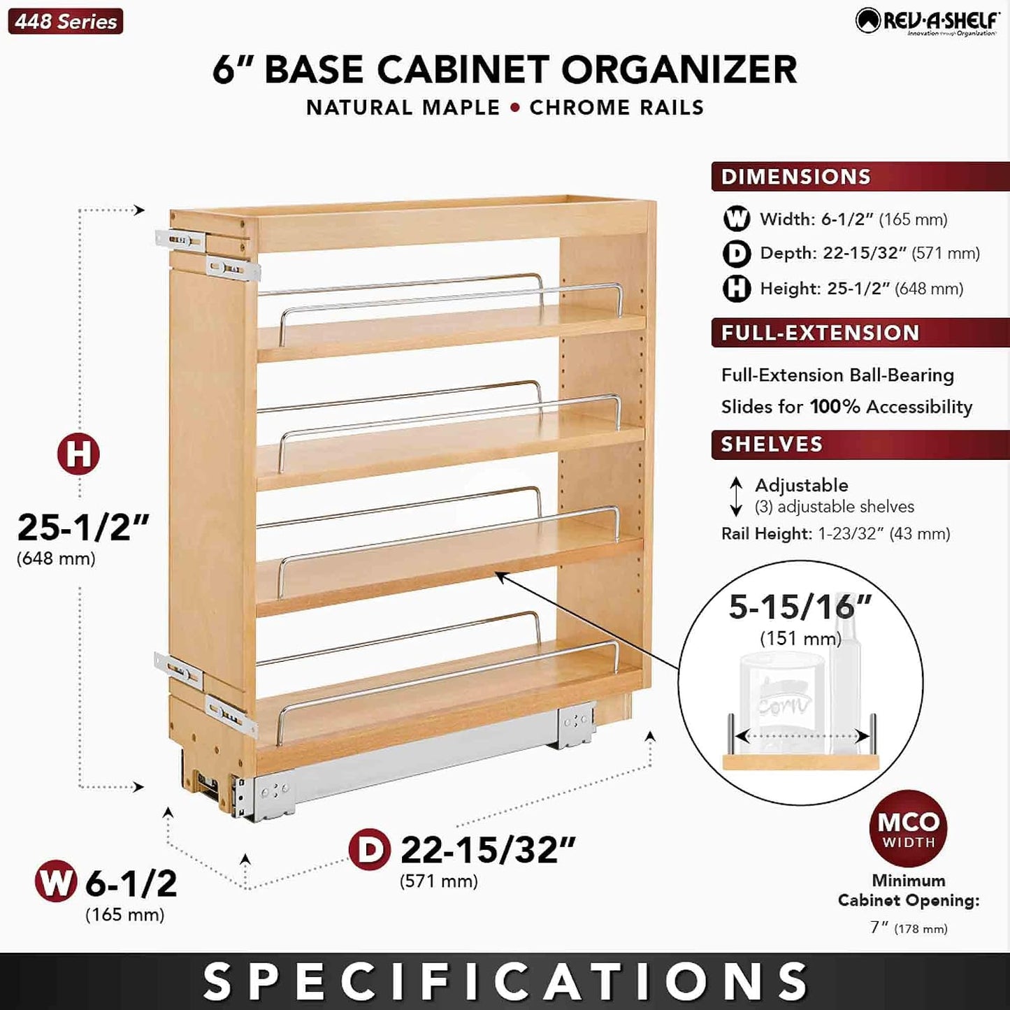 Rev-A-Shelf Pullout Kitchen Cabinet Organizer, Min Cabinet Opening 5.5" W | 5" W Slide Out Pantry Spice or Utensil Storage Rack with Adjustable Shelves for Base Cabinet Organization, 448-BC-5C