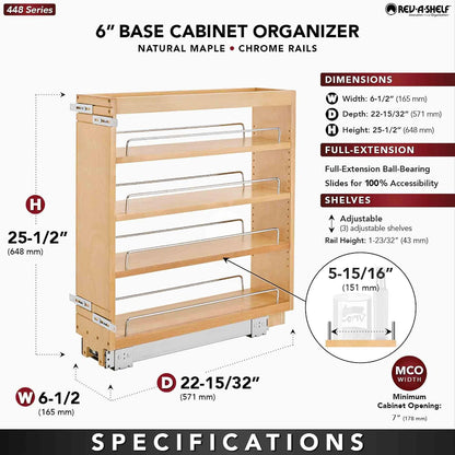Rev-A-Shelf Pullout Kitchen Cabinet Organizer, Min Cabinet Opening 5.5" W | 5" W Slide Out Pantry Spice or Utensil Storage Rack with Adjustable Shelves for Base Cabinet Organization, 448-BC-5C
