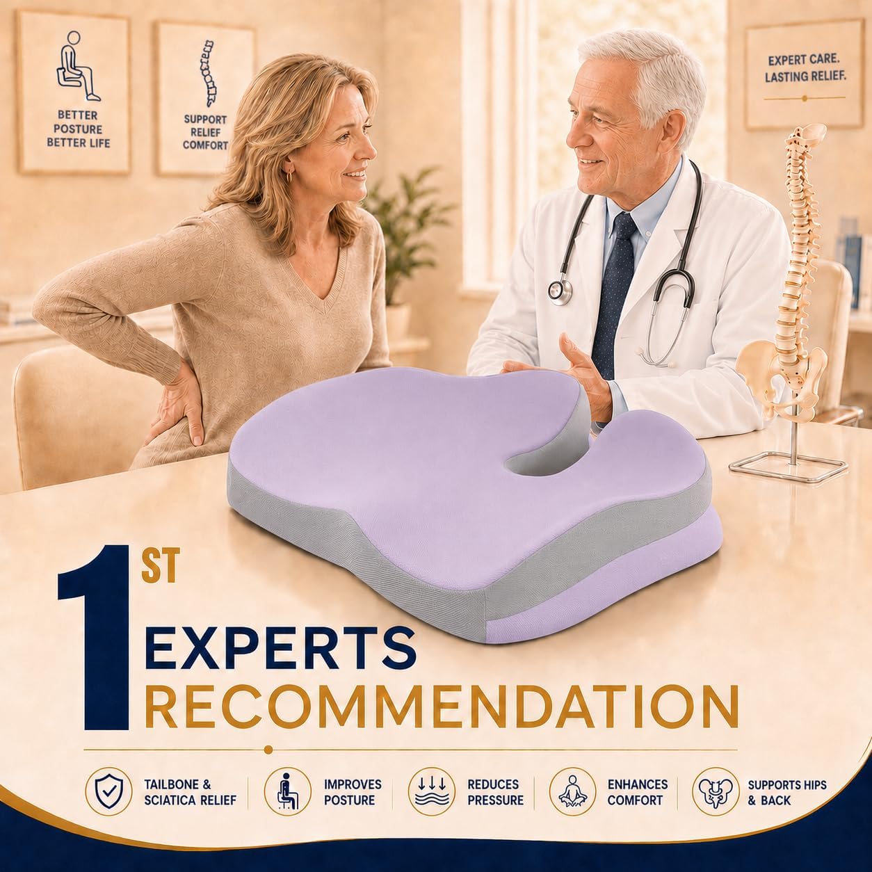 Memory Foam Ergonomic Seat Cushion for Office Chairs Pain Relief | Suitable for prolonged sitting, relieves tailbone pain, fits office chairs, wheelchairs, car seats and computer desk chairs