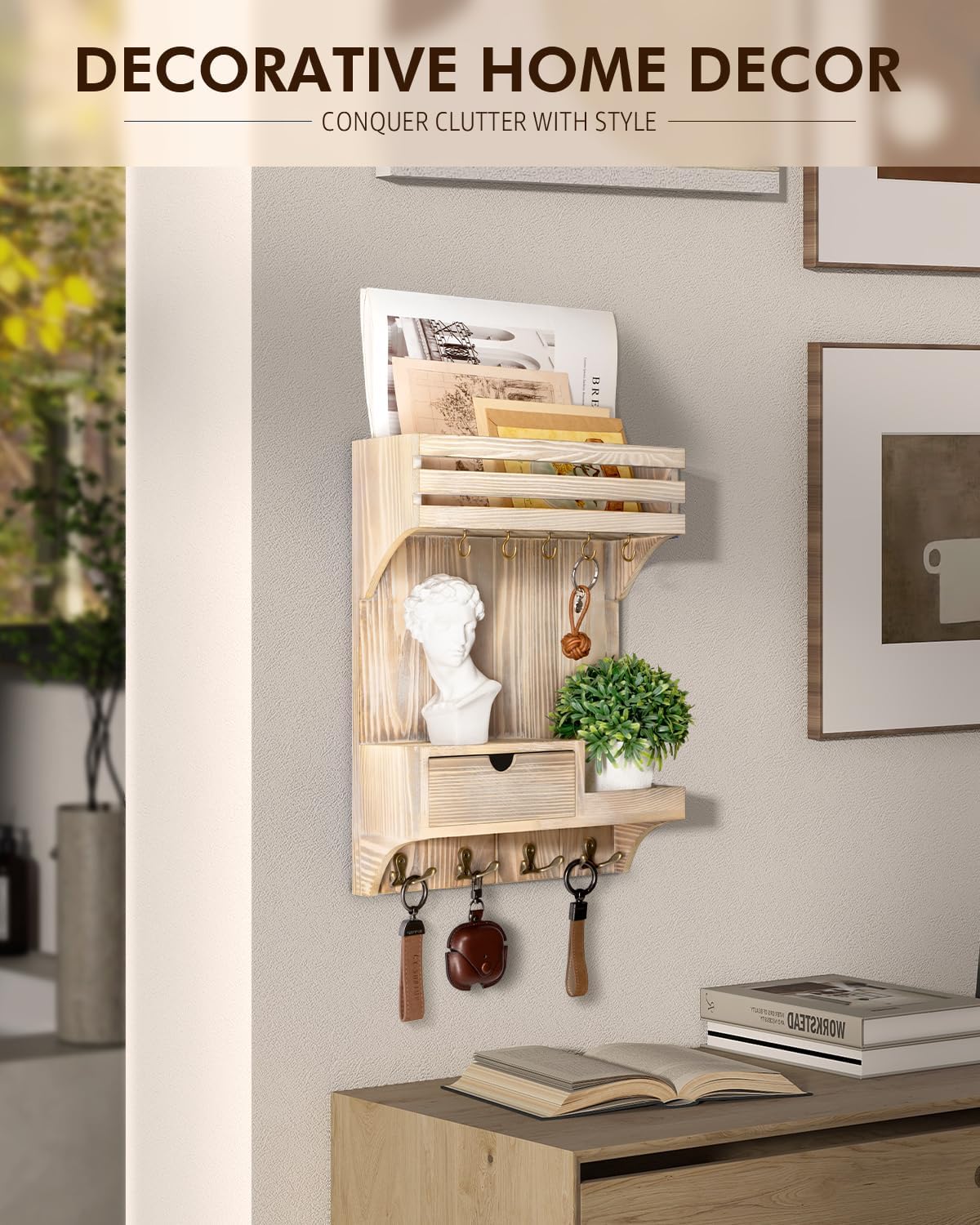 Rebee Vision Key Holder Wall Mount with Drawer Organizer for Entryway,Brown | Pine Wood, 6 Key Hooks, Display Shelf for Plants, Mail Slot for Storage Letter, Multi-Funtional Design, Home Storage