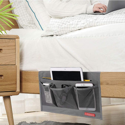 Bedside Caddy,Bedside Organizer Caddy Under Mattress,Holds Magazines,Books (4 Pockets-Grey)