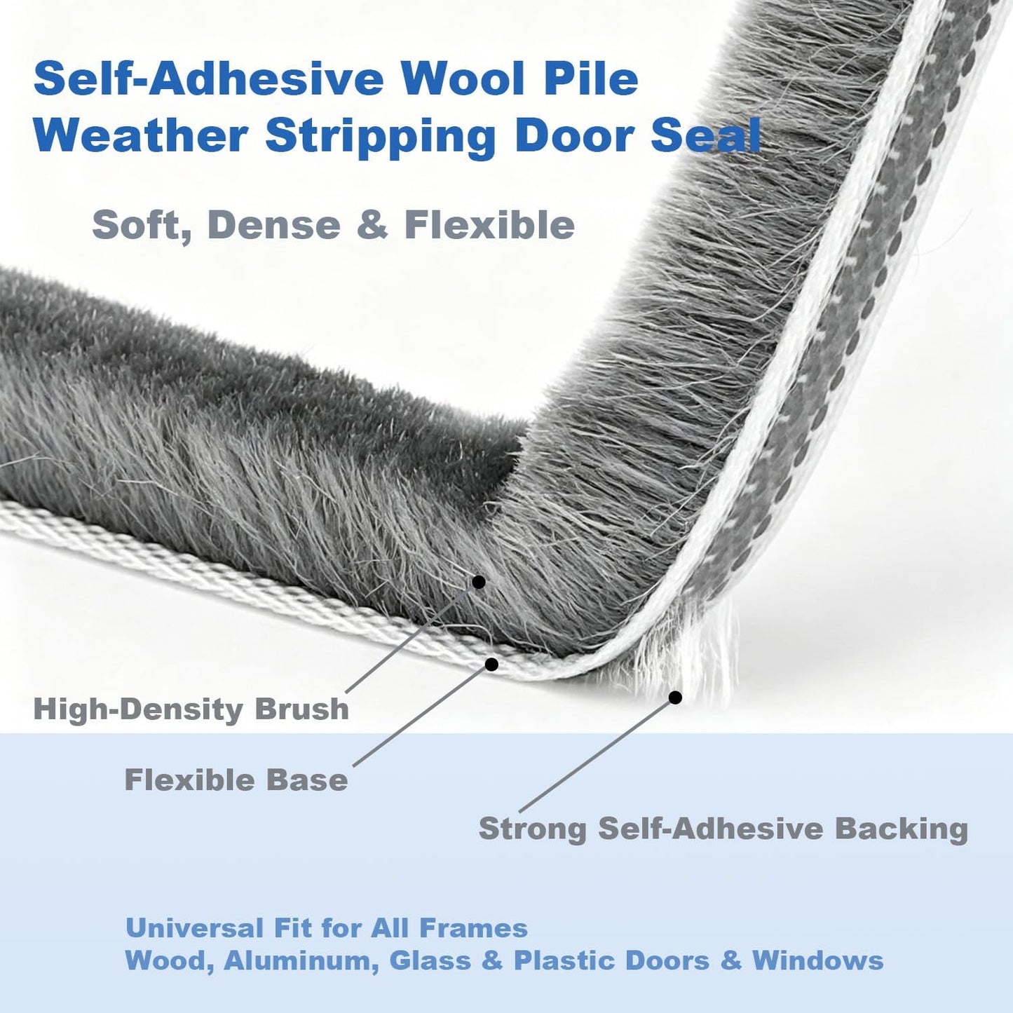 Strong Self-Adhesive Brush Weather Stripping Door Seal Strip | 0.35" Wide x 0.2" Thick x 33 ft, Draft Stopper, Soundproof & Insulation for Exterior Front Doors & Sliding Windows, Gray