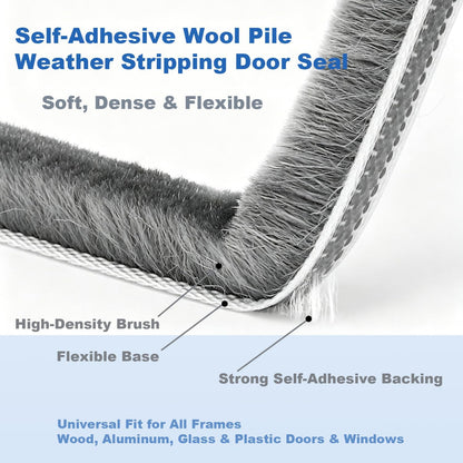 Strong Self-Adhesive Brush Weather Stripping Door Seal Strip | 0.35" Wide x 0.2" Thick x 33 ft, Draft Stopper, Soundproof & Insulation for Exterior Front Doors & Sliding Windows, Gray