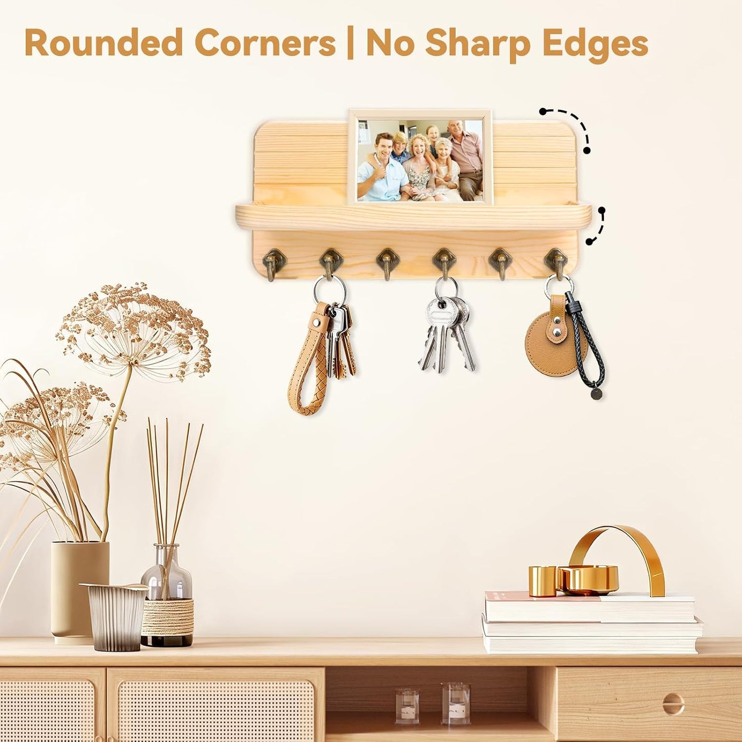 Key Holder for Wall, Mail Organizer Wall Mount with 6 Hooks Wooden Hanging Key Rack for Home Decor, Hallway, Entryway (Yellow)