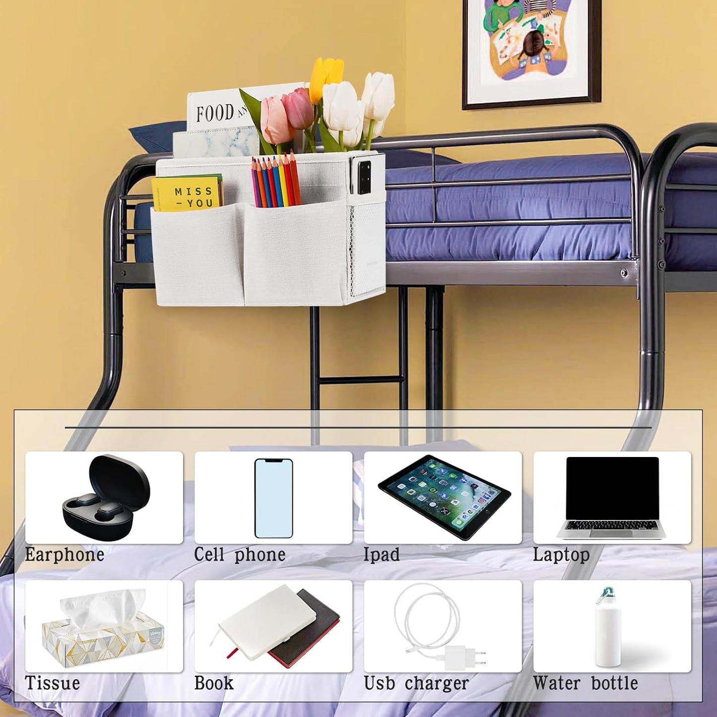 Bedside Caddy Bedside Hanging Storage Basket Bed Caddy for Headboards Bunk Dorm Rooms Crib Beds Rails Organizer (Grey)