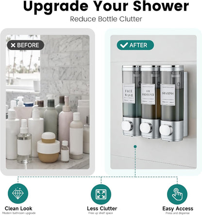 Wall Mounted Shower Soap Dispenser 3 Chamber,No Drill Shower Dispenser | Shampoo and Conditioner Dispenser for Bathroom Hotel Large Capacity, each 300ml with two waterproof labels,Gold