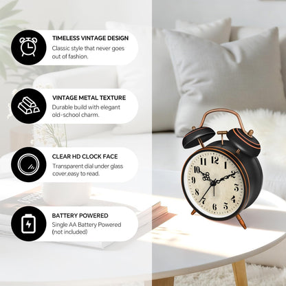 4.5" Metal Loud Alarm Clock for Heavy Sleepers Adults, Analog Battery Operated Alarm Clock with Bells Glow in Dark Numbers, Silent Old School Bedside Desk Clock for Bedroom Office Kids, Black