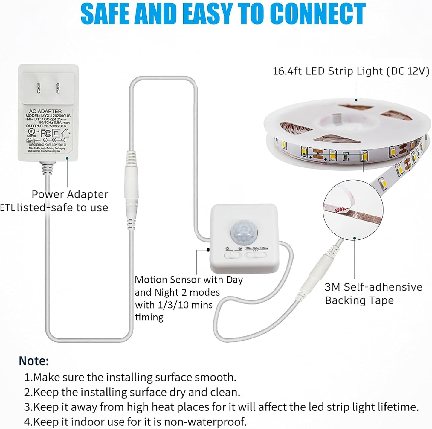 MY BEAUTY LIGHT Motion Activated LED Strip Lights, 16.4ft LED Light Strip with Day or Night 2 Lighting Modes, 3 Timing Off Modes, Bright White 12v Plug-in LED Rope Lights for Under Cabinet, Kitchen