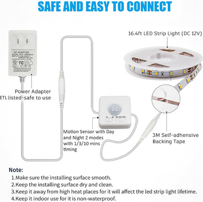 MY BEAUTY LIGHT Motion Activated LED Strip Lights, 16.4ft LED Light Strip with Day or Night 2 Lighting Modes, 3 Timing Off Modes, Bright White 12v Plug-in LED Rope Lights for Under Cabinet, Kitchen