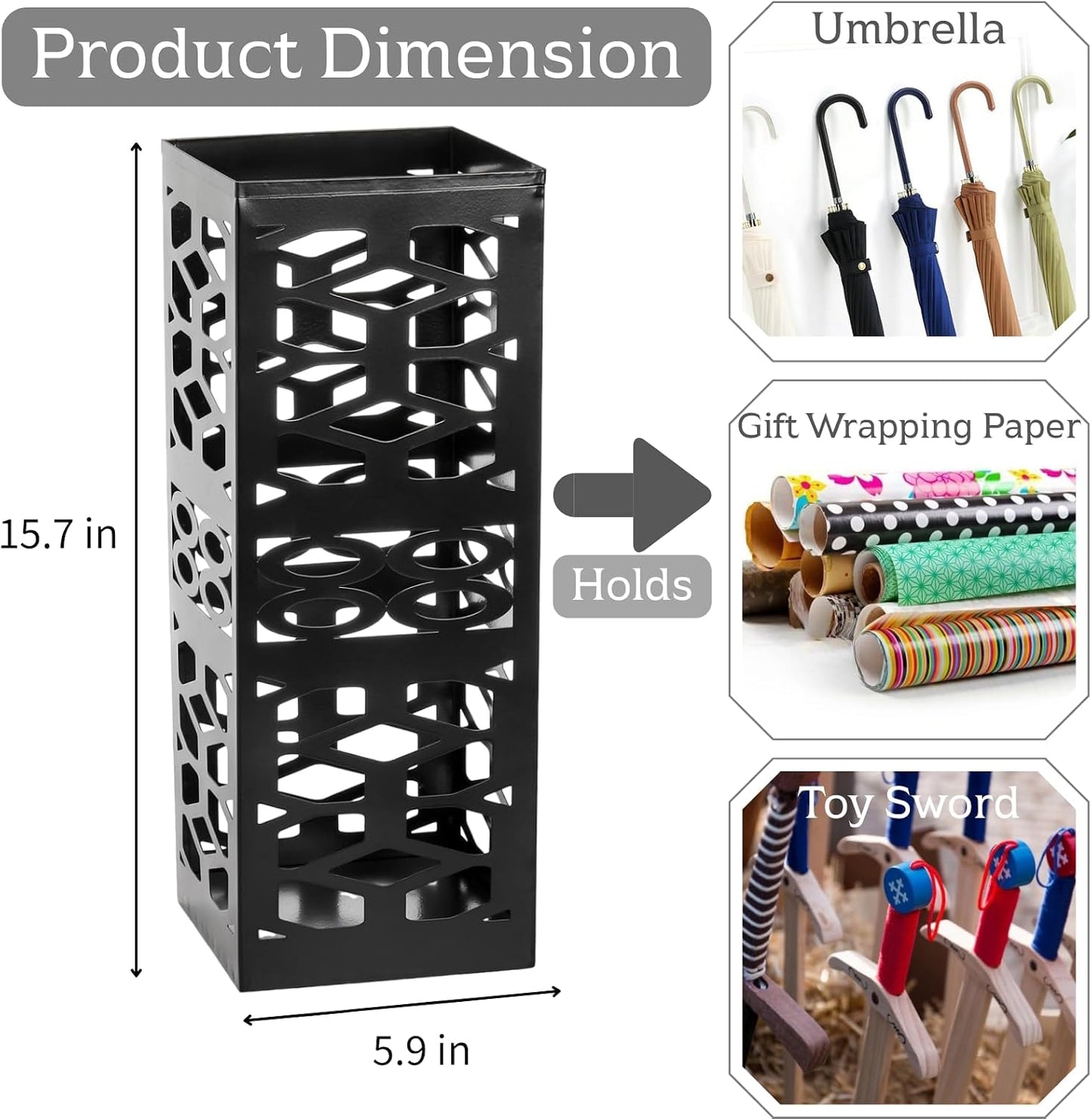Metal Umbrella Holder Stand for Entryway, Square Umbrella Organizer, Walking Sticks Storage Bin Freestanding for Home, Office, Hotel, Black, 5.9 x 5.9 x 15.7 Inches