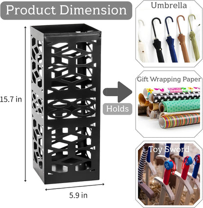 Metal Umbrella Holder Stand for Entryway, Square Umbrella Organizer, Walking Sticks Storage Bin Freestanding for Home, Office, Hotel, Black, 5.9 x 5.9 x 15.7 Inches