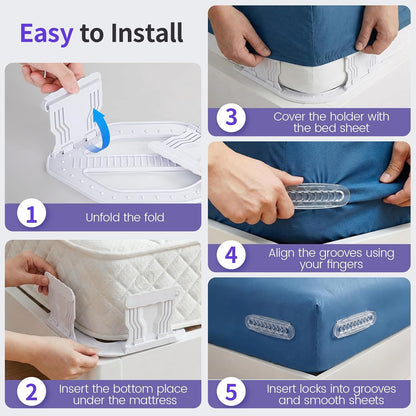 Bed Sheet Holders - 4 Pack Foldable Sheet Fasteners for Mattress Corners, Open Corner Bed Sheet Holder Clips with Gentle Sliding Locks, Tug-Proof Sheet Grippers Keep Sheets Tight All Night