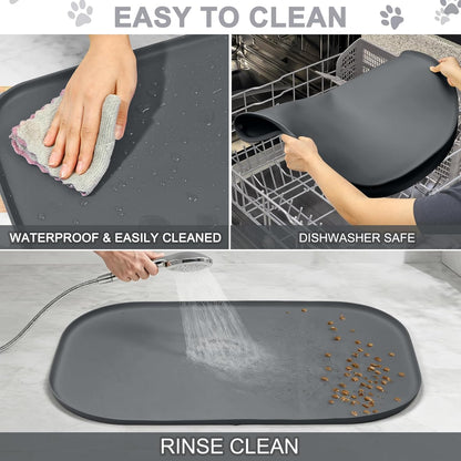 SMILOOL Waterproof Silicone Pet Food Mat with Raised Edge for Dog & Cat | 19" x 12" Non-Slip Pet Feeding Mats with Lip for Food & Water Bowl, Food Grade, Easy Cleaning, Black