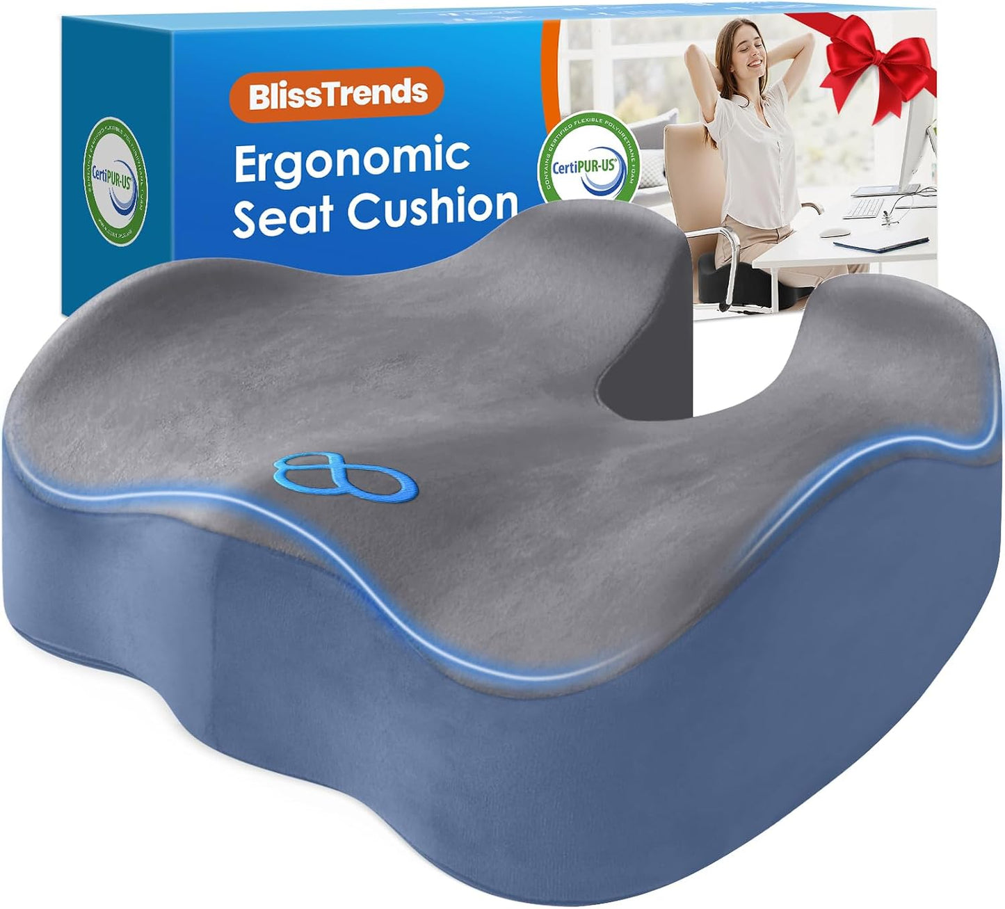 BlissTrends Memory Foam Seat Cushion for Office Chair & Car Seat, Black | 4.7in Ergonomic Tailbone & Sciatica Support with Removable Velvet Cover for Pressure Relief and Long Sitting Comfort