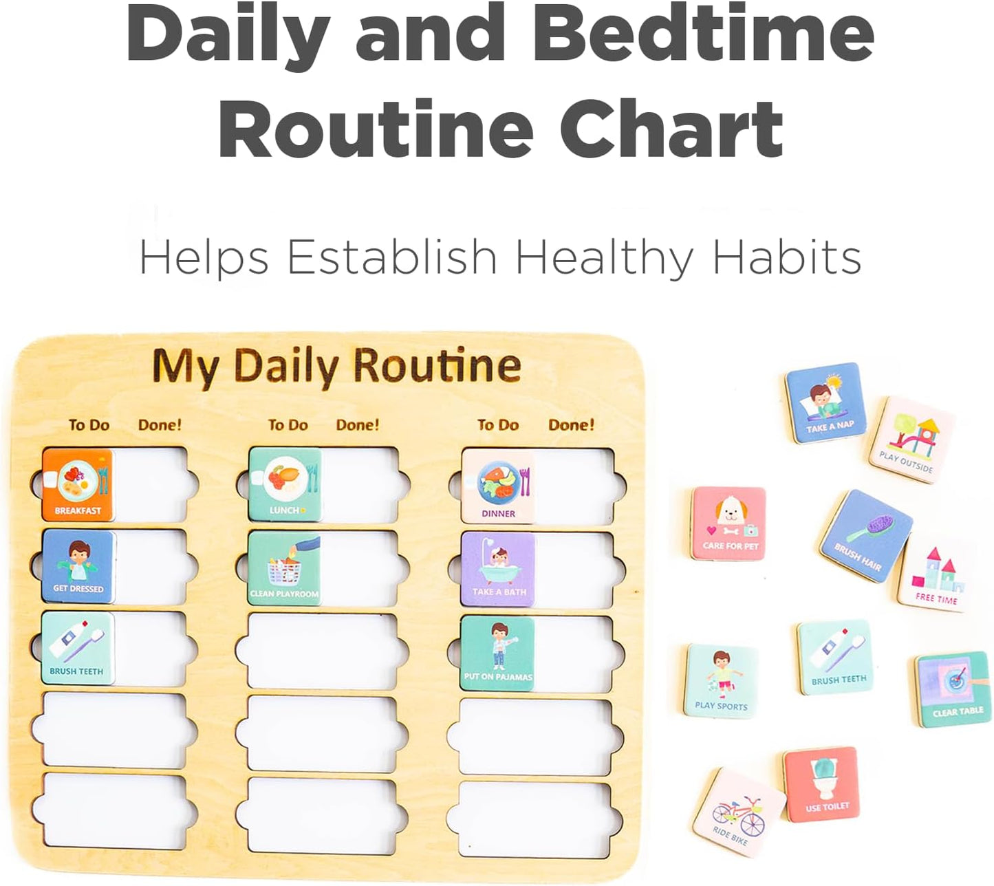 Wooden Toddler Routine Chart Ages 3-6 – Daily & Bedtime Routine Chart, Visual Schedule Board for Kids, Montessori-Inspired Visual Schedule for Kids Daily Routine