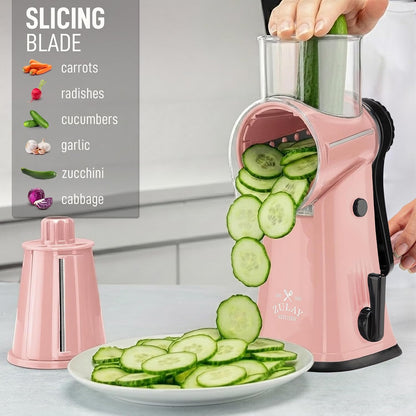 Zulay Kitchen Rotary Cheese Grater 5 Blade Cheese Shredder - Manual Hand Crank Cheese Grater With Reinforced Suction & 5 Interchangeable Drums - Easy to Use, Vegetable Chopper Round Mandoline Slicer - Colors A