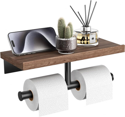 Tindbea Toilet Paper Holder with Wood Shelf, Wooden Wall Mount Tissue Paper Roll Holder, Matte Black Stainless Steel Bathroom Accessories Decor Household Home Apartment Restroom Essentials (Walnut)