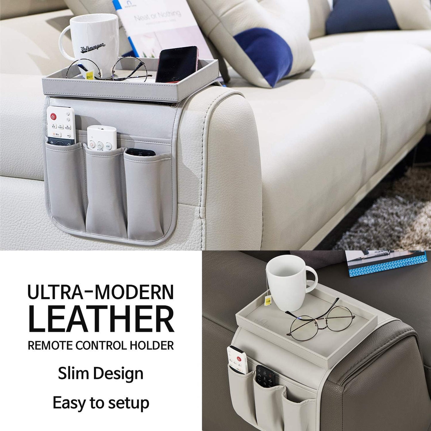 NEATOPA Couch Remote Caddy Control Holder Sofa Organizer with Detachable Wooden Snack Tray for Recliner Mattresses Chair Armrests with 4 Slots - 1 Large Pockets and 3 Small Pockets (Brown)