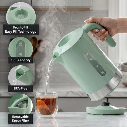 OVENTE 1.8L Electric Kettle with 1500W Fast Boiling Heater, Black KP413B | Best For Coffee or Tea, BPA-Free, Easy-Fill Lid, Water Level Window, Auto Shut-Off & Boil-Dry Protection, Removable Filter