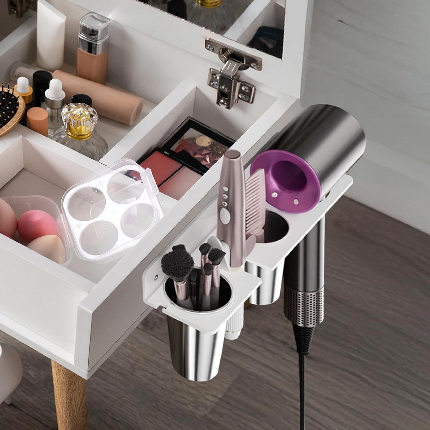 Hair Tool Organizer Wall Mount, White Acrylic Hot Tool Holder with 2Cups, Bathroom Hair Styling Accessories Storage Organizer for Flat Iron, Blow Dryer, Curling Wand