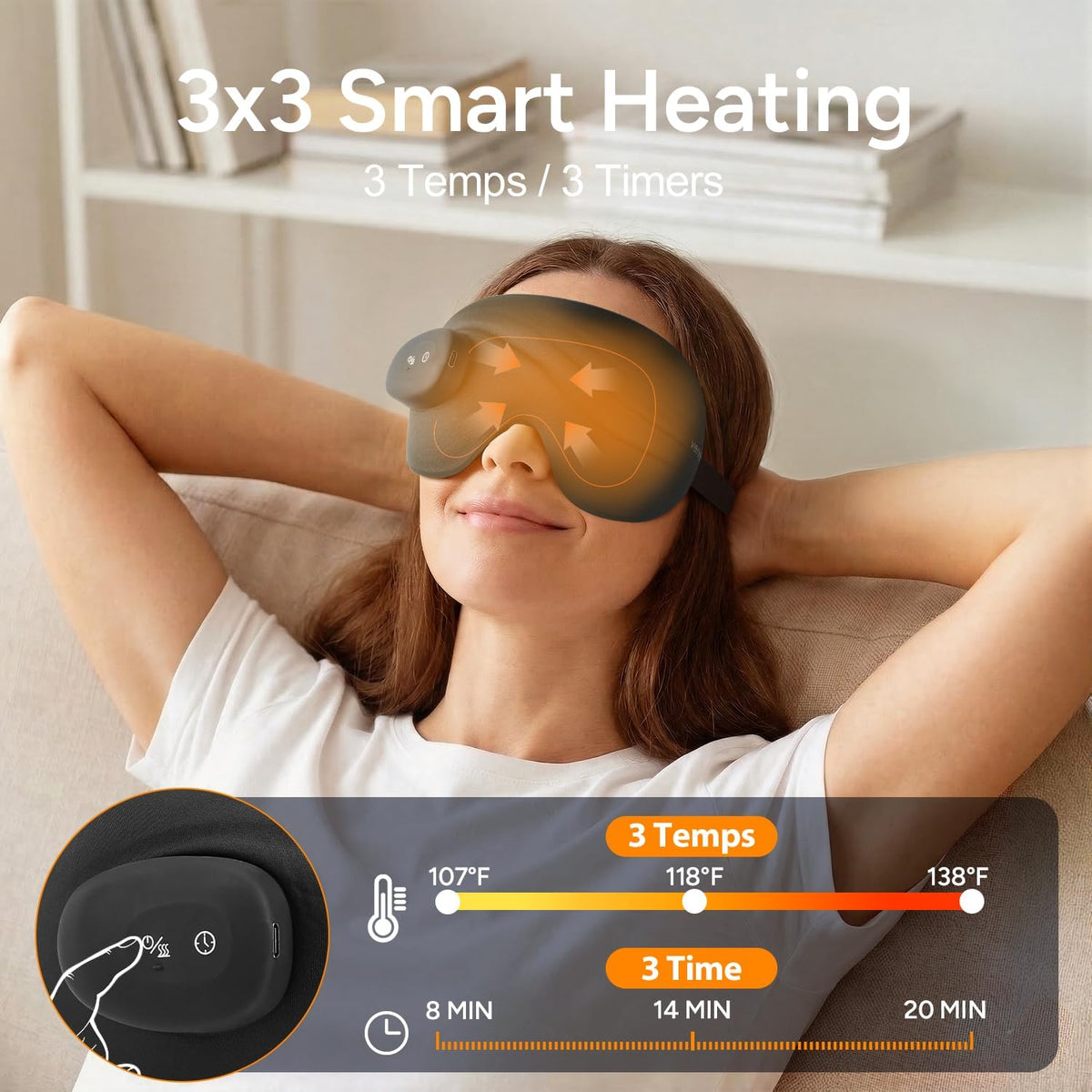 Cordless Heated Sleep Eye Mask: 3 Heat & 3 Timer Settings, USB-C Rechargeable Heated Sleep Mask with Washable Cover, 3D Zero-Pressure Eye Design, Foldable & Portable for Home and Travel