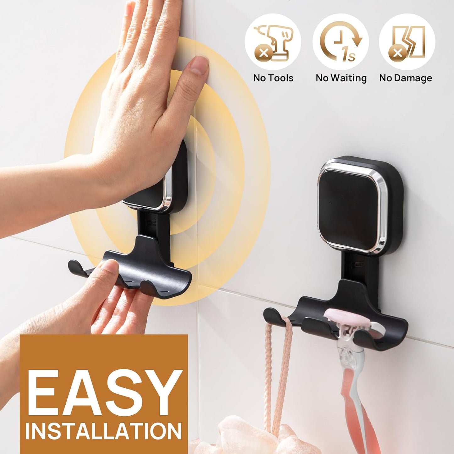 Razor Holder for Shower 2 Pack, Powerful Vacuum Suction Cup Hook for Towel, Loofah, Razor, Squeegee, Damage-Free Wall Shower Hook, Shaver Holder for Bathroom, Easy to Install and Reuse, Black